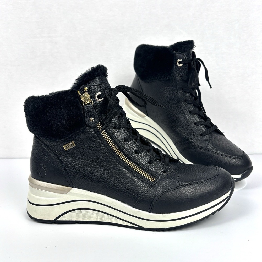 Remonte Tex Women’s US 9 EU 40 Black Leather Faux Fur Wedge Sneaker Boots Zip